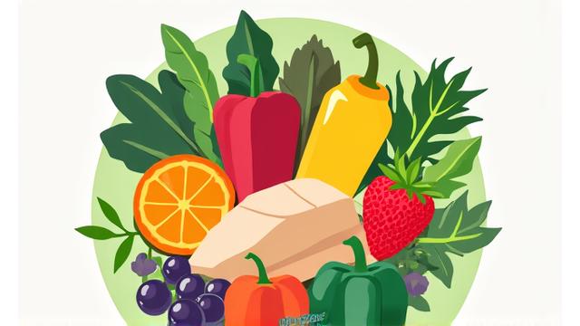 Illustration of diverse healthy foods for a nutrition assessment calculator