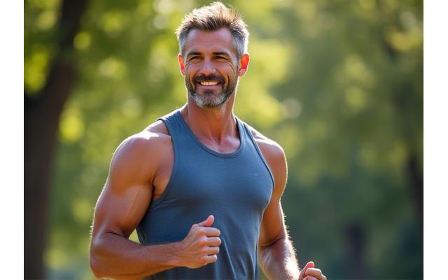 Fit man in his late 30s/early 40s stretching confidently in an outdoor setting, representing strength and vitality.