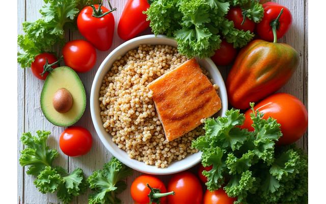 Vibrant, healthy meal spread of fresh vegetables, lean protein, and whole grains, indicative of balanced functional nutrition.
