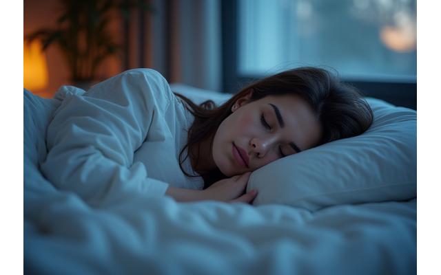 Relaxed person sleeping peacefully in a dimly lit, cozy bedroom, conveying deep rest and tranquility.