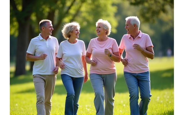 Diverse individuals of varying body types engaging in light, joyful exercise together in a sunny park, emphasizing sustainable movement.