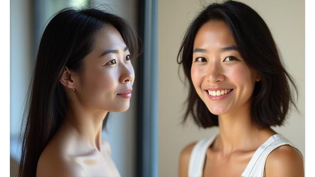 Before and after photos of Sarah Chen, 42, showing a significant positive transformation in energy and weight.