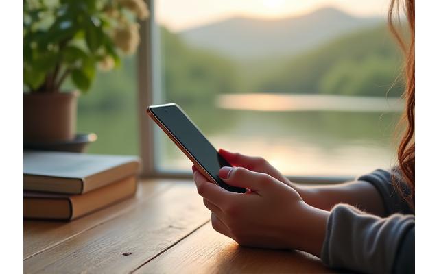 A person setting aside a glowing smartphone, turning their attention towards a peaceful outdoor scene or a book, symbolizing a break from digital devices.