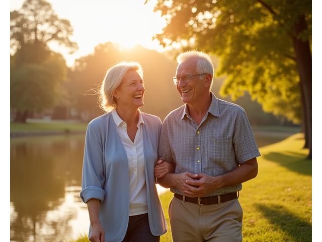 A vibrant senior couple laughing outdoors, symbolizing healthy and joyful aging.