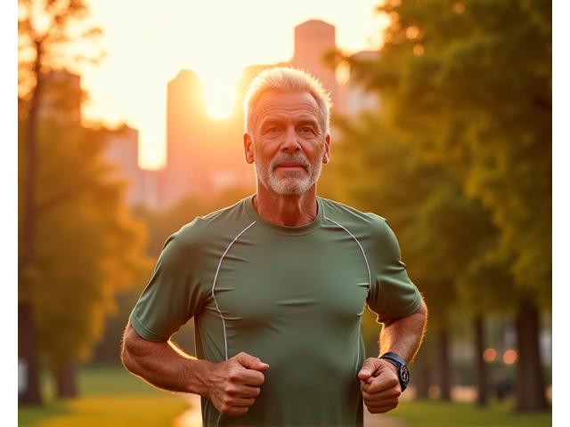 Active man in his 40s jogging at sunrise, symbolizing energy and vitality.
